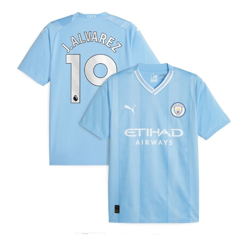 Manchester City Home Shirt 2023-24 with J.Alvarez 19,Sky Blue