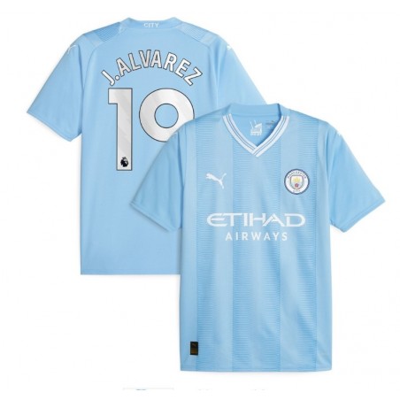 Manchester City Home Shirt 2023-24 with J.Alvarez 19,Sky Blue