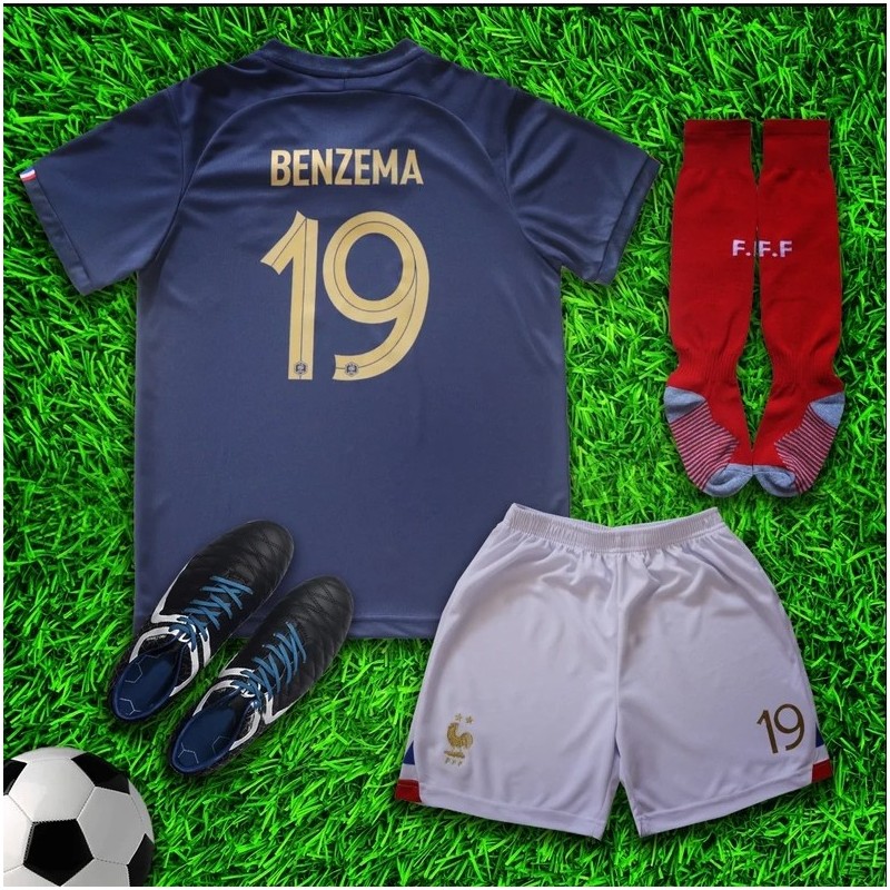 France 2022 Home Benzema Madrid Kids Soccer Uniform Jersey