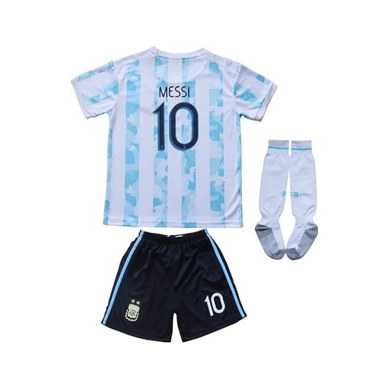 2021 Argentina 10 Leo Messi Copa-American Home Kids Soccer Jersey Set