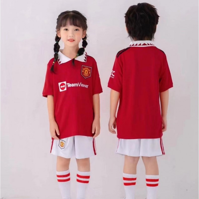 New 2021-2022 Kids Soccer Jersey 7  Ro-naldo Red White Fan Jersey Set