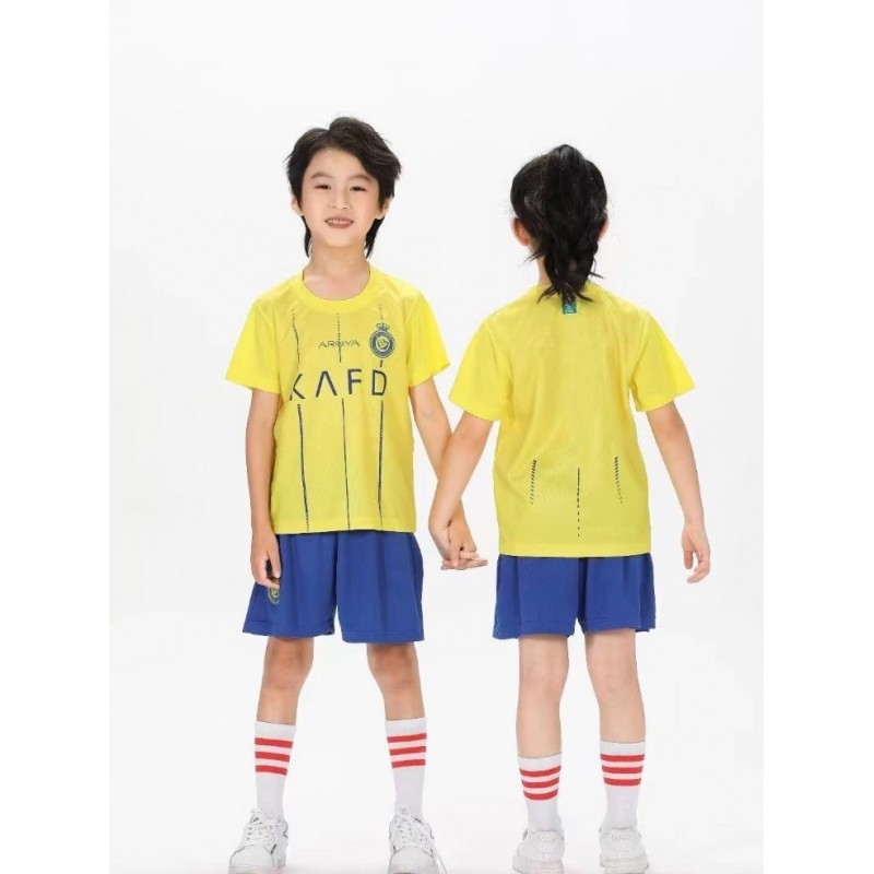 New Kids Yellow Ronaldo 7 NASSR Riyadh Al Home Soccer Jersey Set