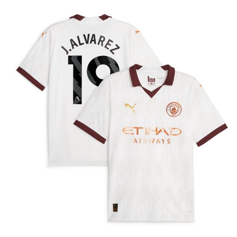 Manchester City Away Shirt 2023-24 with J.Alvarez 19,White